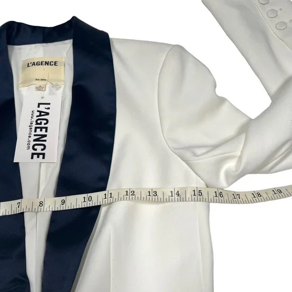 NWT L'AGENCE Women's Sz 2 White Blazer Satin Navy Contrast Lapel Smoking Jacket